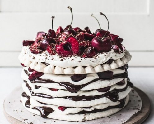 Chocolate Cherry Meringue Stack Cake